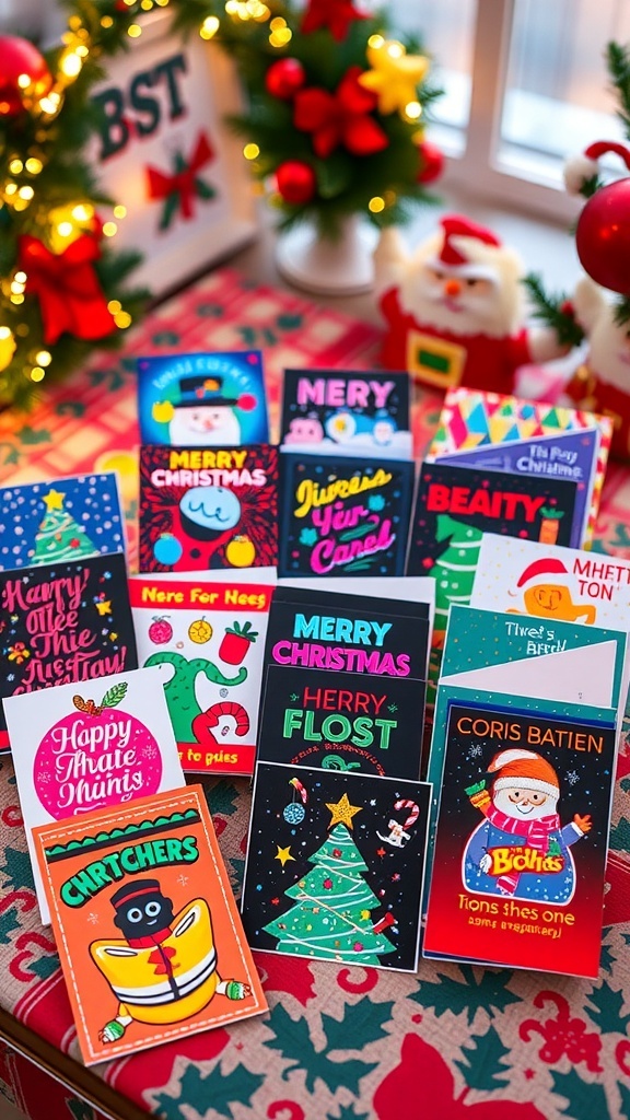A variety of retro 80s Christmas cards with bright colors and playful designs on a decorated table.